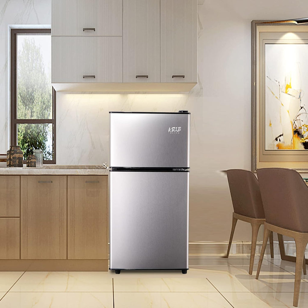 Harper & Bright Designs Double Door Mini Fridge with Freezer, 3.2 Cu.Ft Compact Refrigerator with Adjustable Shelf, Adjustable Thermostat and Reversible Door for Bedroom, Dorm, Home Office, White