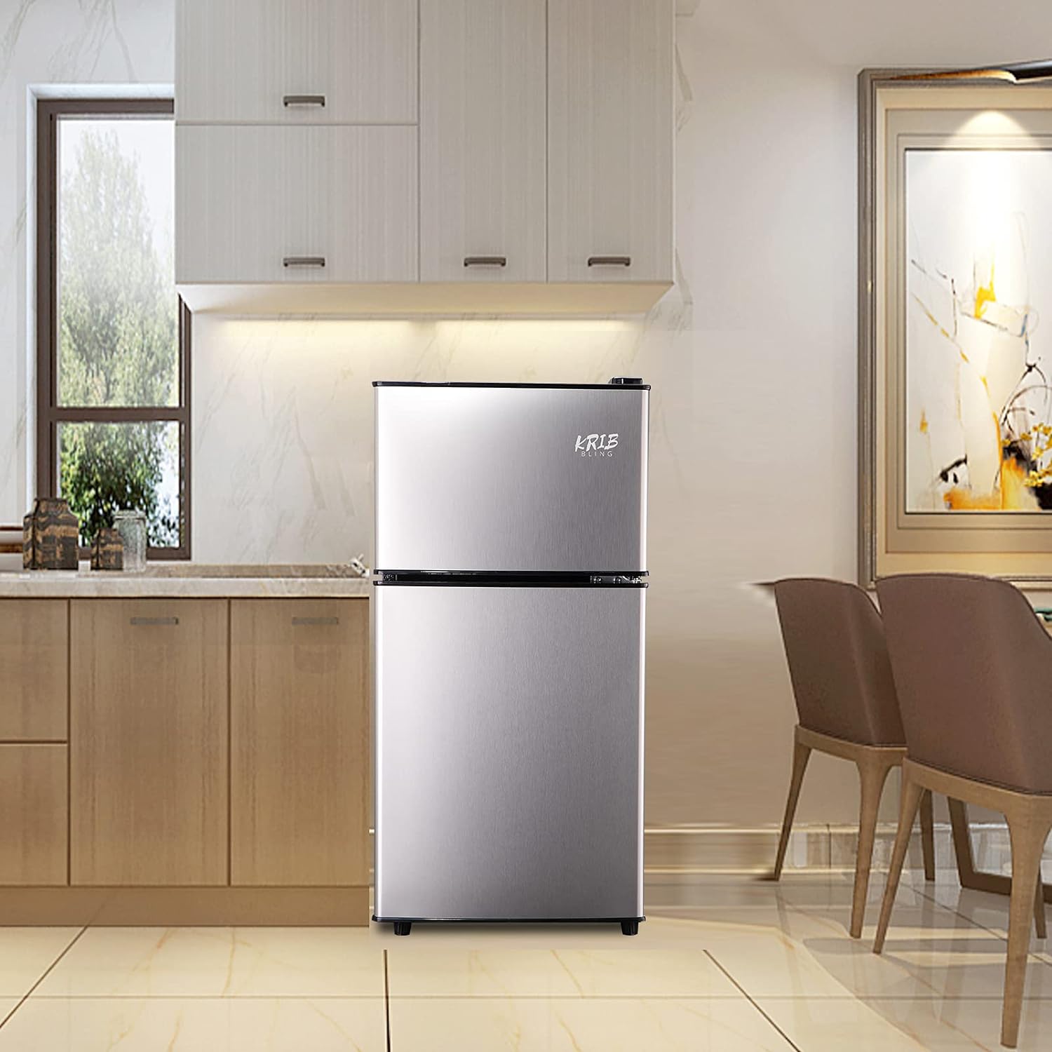 Harper & Bright Designs Double Door Mini Fridge with Freezer, 3.2 Cu.Ft Compact Refrigerator with Adjustable Shelf, Adjustable Thermostat and Reversible Door for Bedroom, Dorm, Home Office, White