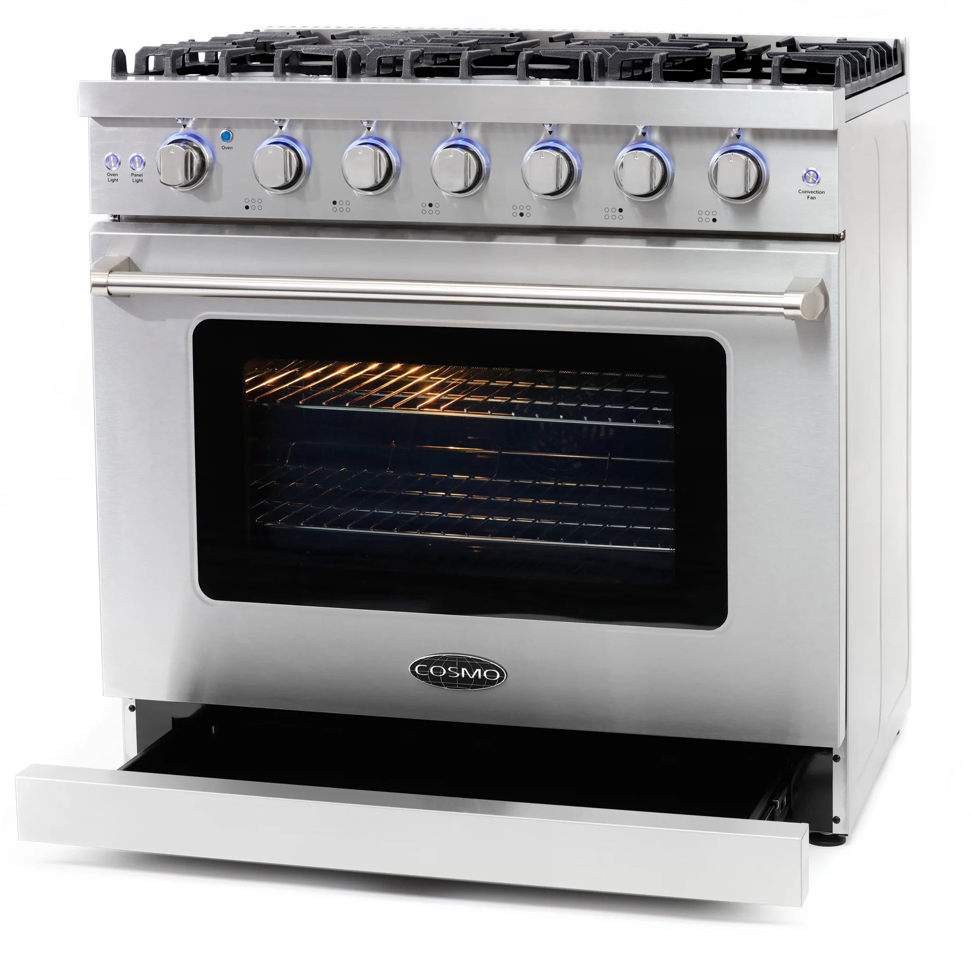 Cosmo 5 Piece Kitchen Appliance Package with 36" Freestanding Gas Range 36" Island Range Hood 24" Built-in Fully Integrated Dishwasher French Door Refrigerator & 48 Bottle Wine Refrigerator