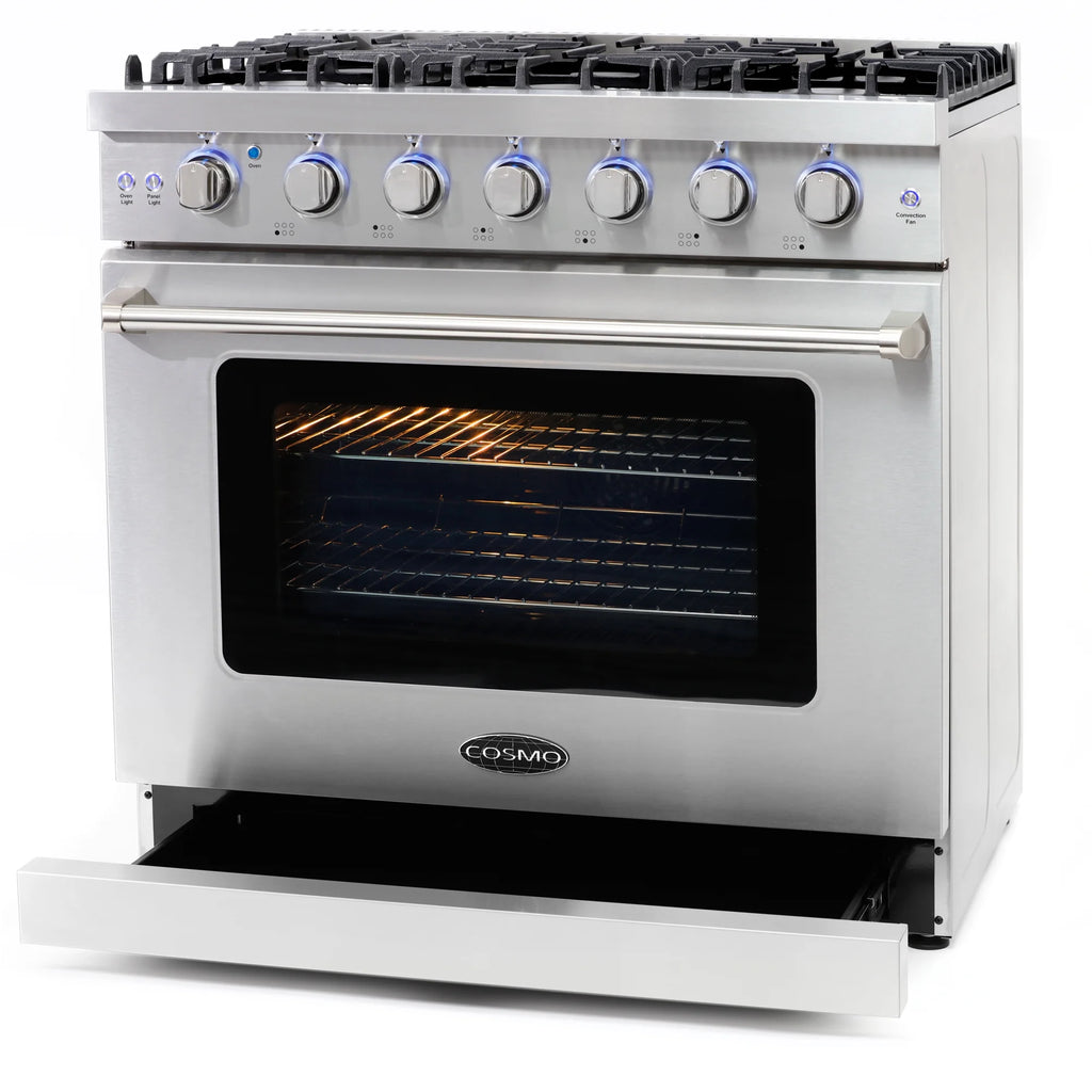 Cosmo 3 Piece Kitchen Appliance Packages with 36" Freestanding Gas Range Kitchen Stove 24" Built-in Fully Integrated Dishwasher & 48 Bottle Freestanding Wine Refrigerator Kitchen Appliance Bundles