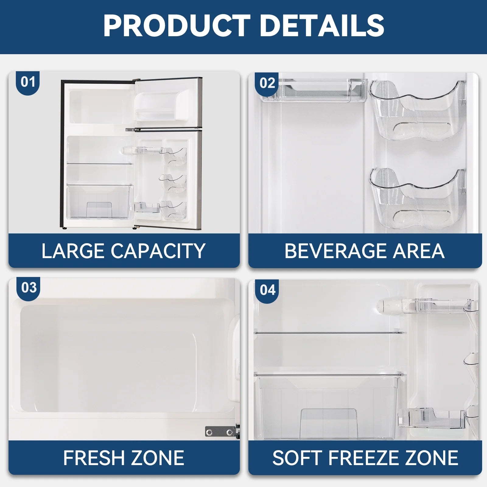 Frestec 2-Door Mini Fridge - 3.2 Cu Ft, Energy Star Rated, Perfect for Dorm or Apartment,Stainless Steel