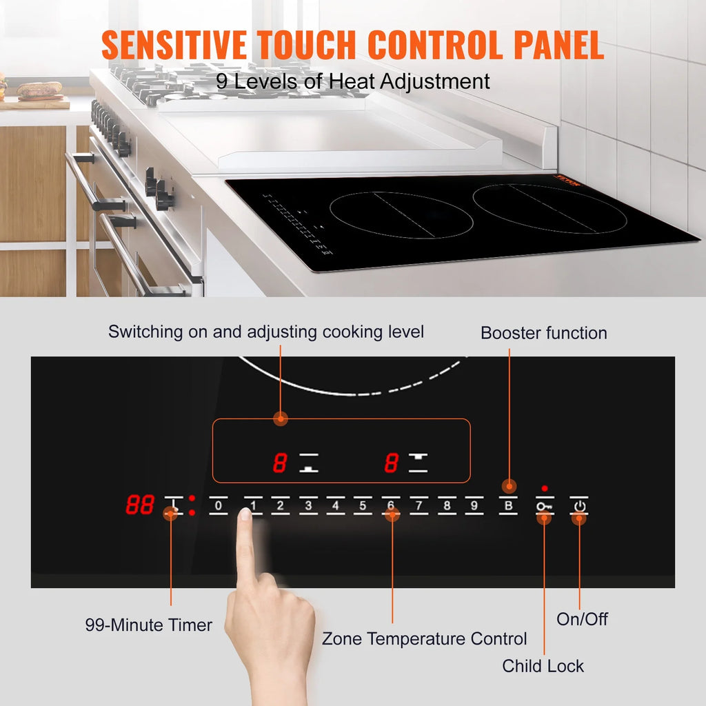 BENTISM 12 inch Electric Cooktop 2 Burners 1800W Stove Top Touch Control