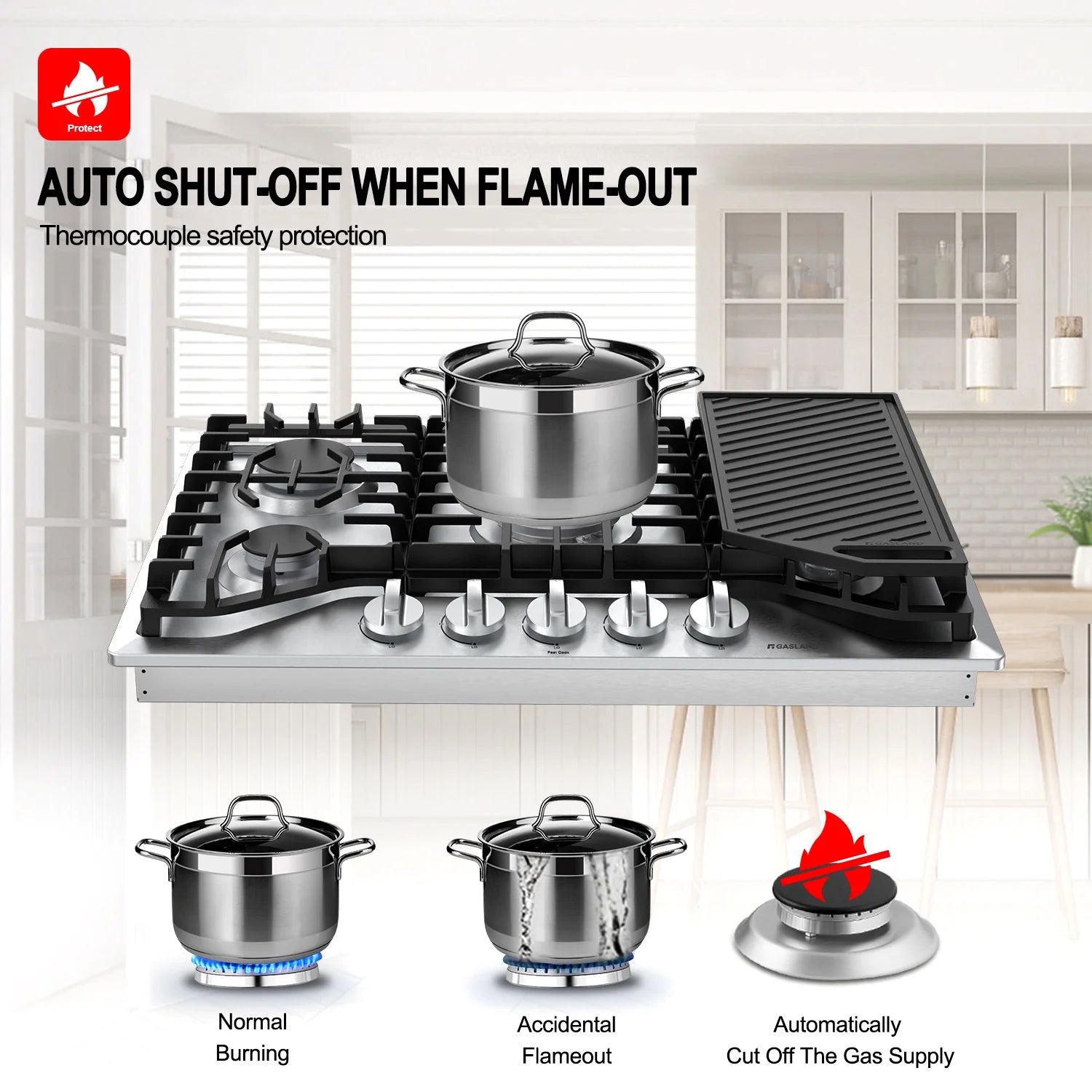 Gasland Chef  30" 5 Burners 30" Gas Cooktop, Stovetop, NG/LPG,Stainless Steel, Auto Ignition