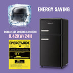 DEMULLER Mini Fridge with Freezer Compact Retro Refrigerator Dual Door Black-YX-100 19 inches Wide