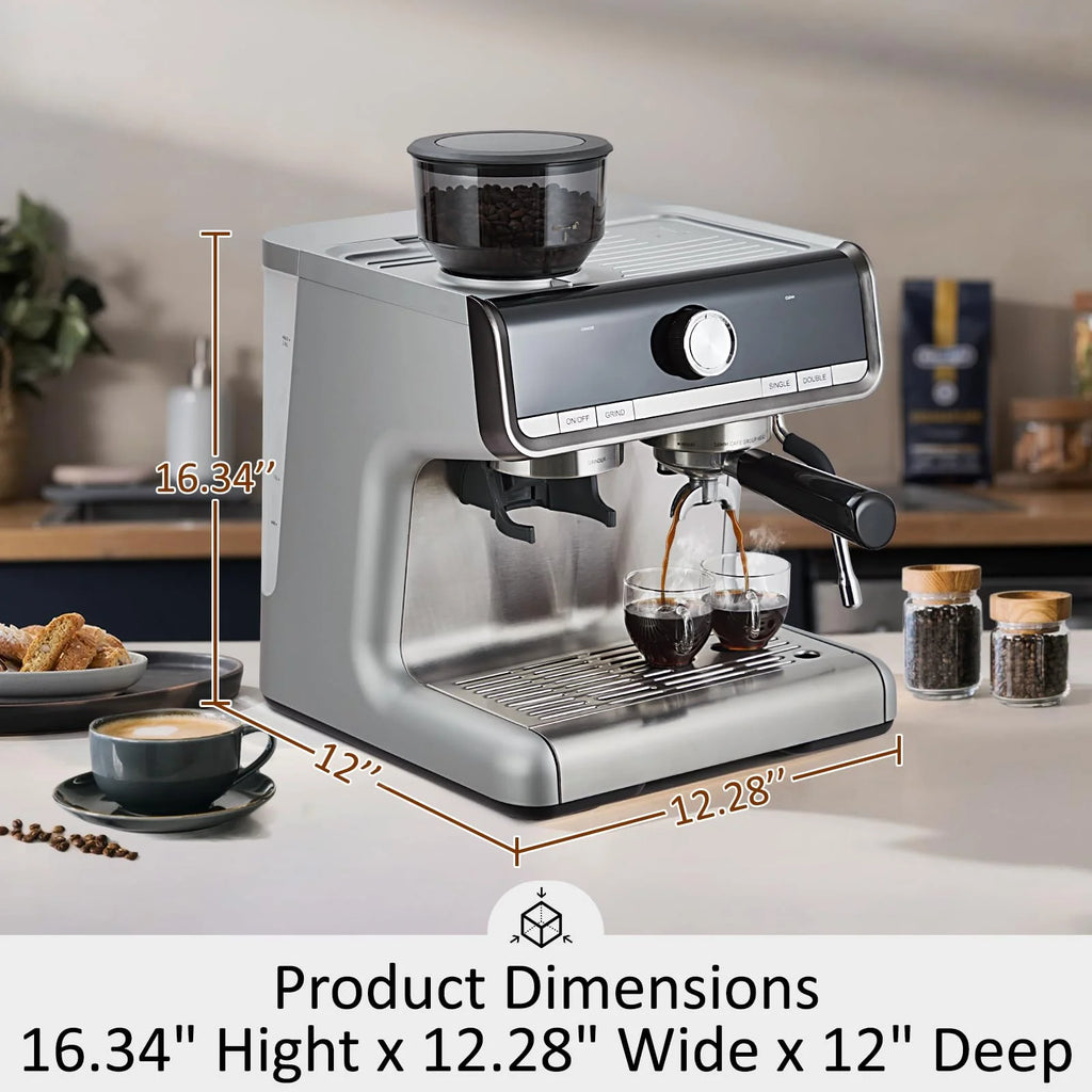 Espresso Coffee Machine with Grinder, 20 Bar Semi-Automatic Espresso Maker with Milk Frother Steamer Wand for Cappuccino, Latte, Macchiato, 2.8 L Water Tank, PID Temperature Control