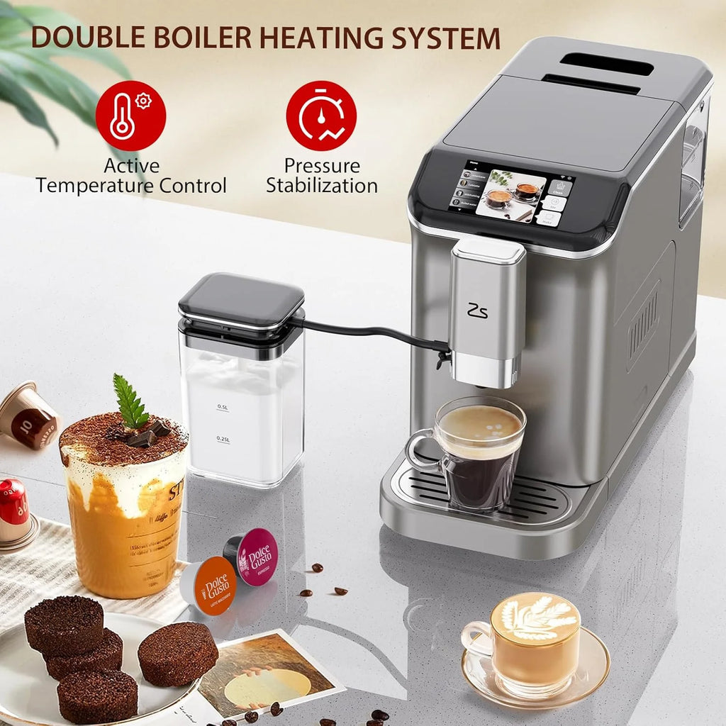 Fully Automatic Espresso Machine, 7 Coffee Varieties, 20-Bar Coffee Espresso Machine with Automatic Milk Frother, 7 Coffee Varieties, Intuitive Touch Display, 1.5-L Water Tank