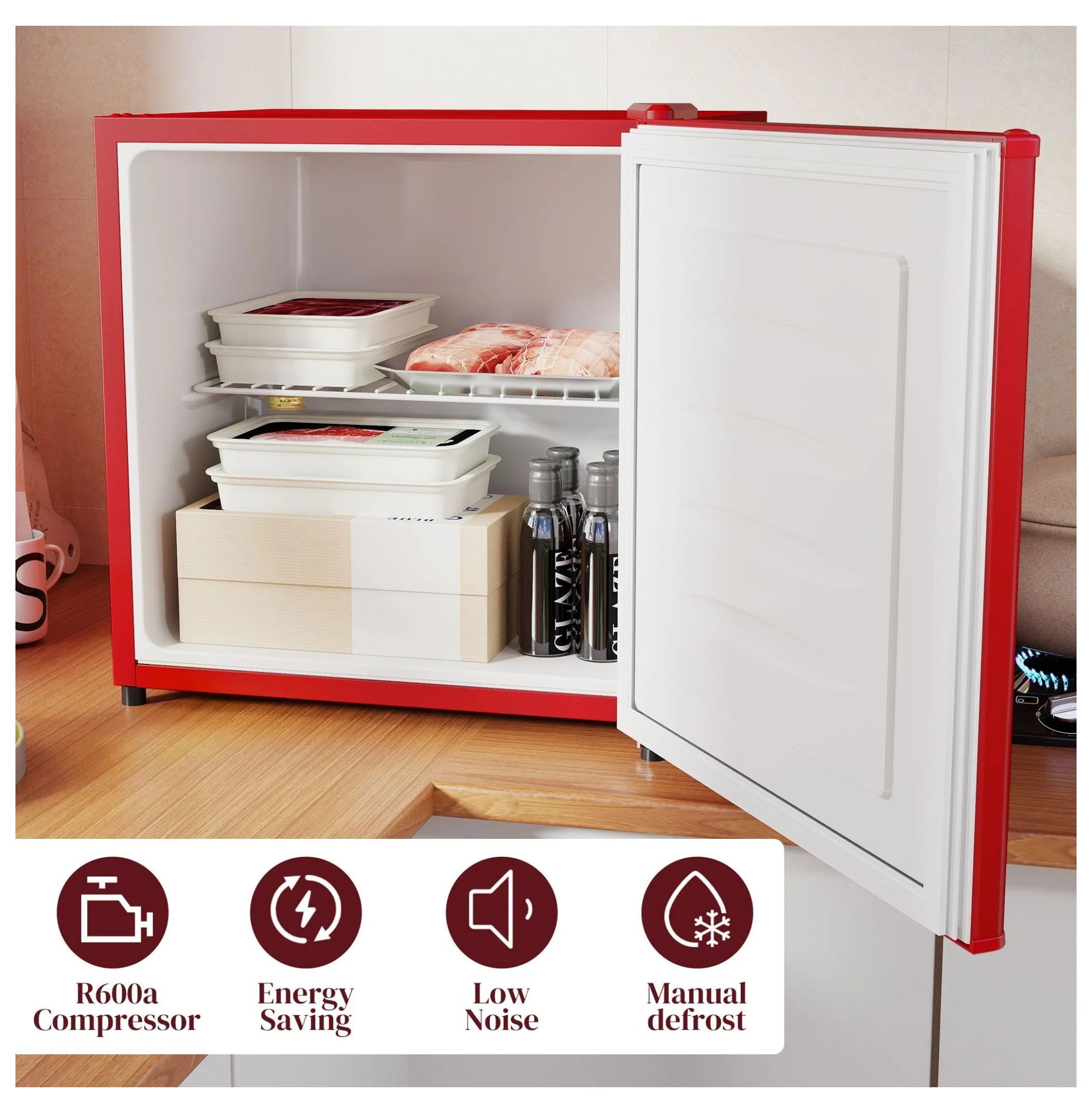 1.1 Cu.Ft Mini Freezer, Compact Upright Freezer - Red, Adjustable Temp, Removable Shelf - Ideal for Dorm, Office, RV & Apartments