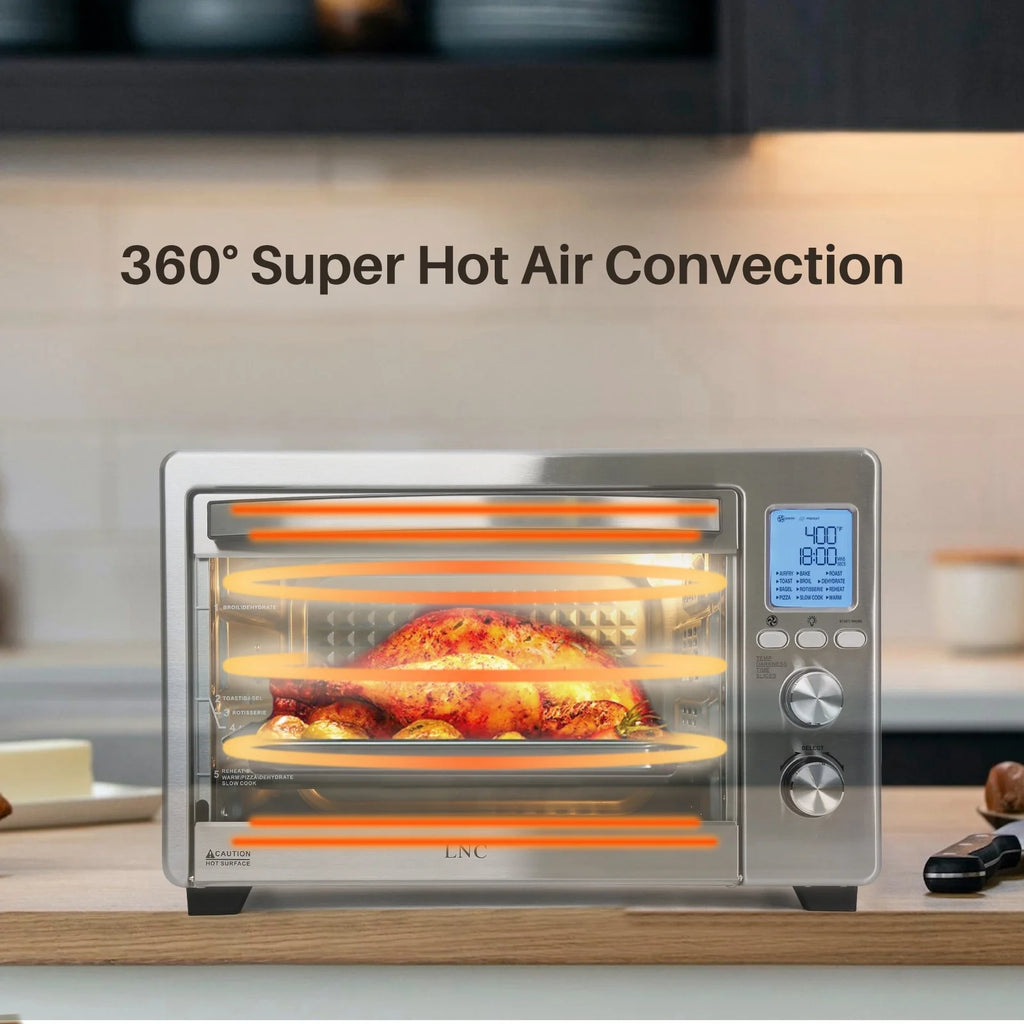 LNC  12-In-1 Large 34QT Countertop Toaster Oven Convection Rotisserie Air Fryer - 19.5" L x 15" W x 12.5" H Silver