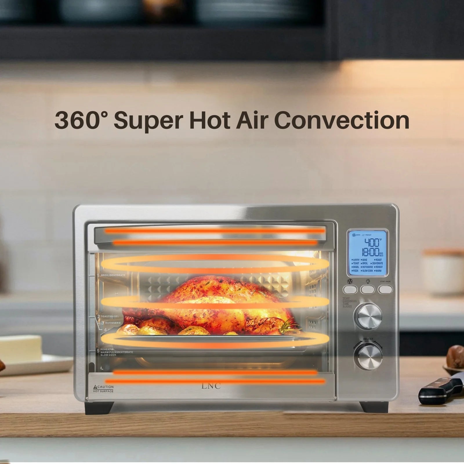LNC  12-In-1 Large 34QT Countertop Toaster Oven Convection Rotisserie Air Fryer - 19.5" L x 15" W x 12.5" H Silver