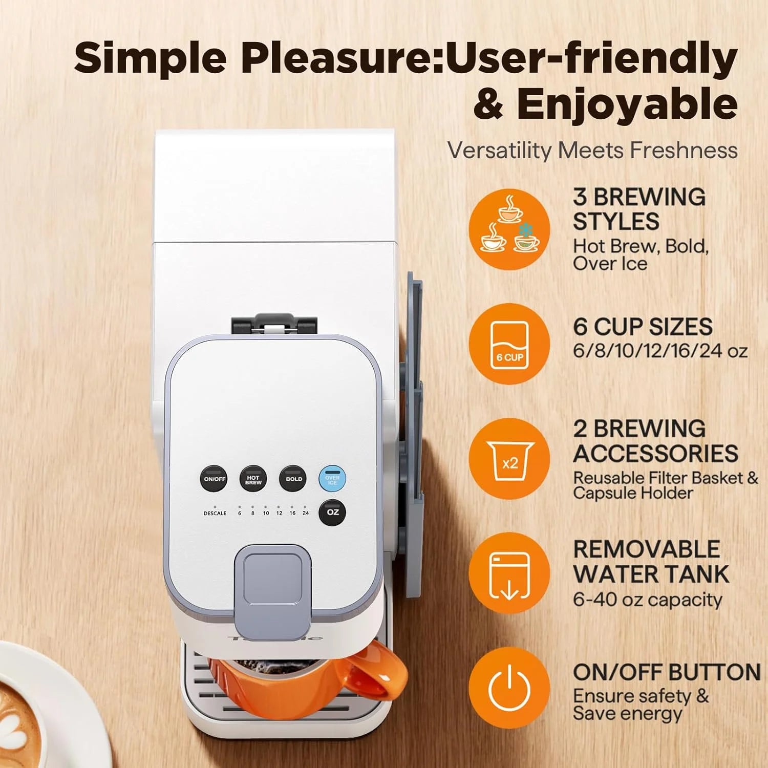 Hot & Iced Coffee Maker with Magnetic Organizer (Pods Not Included), Stores 10 Pods, 4-5 Cups Coffee Maker & Single-serve Brewer for K Cup & Grounds, 40oz Removable Water Tank