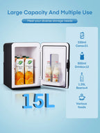 15L Mini Fridge, 21 Can Bedroom Refrigerator, Portable Cooler &Warmer, Beverage & Skincare, 110V/12V, Black