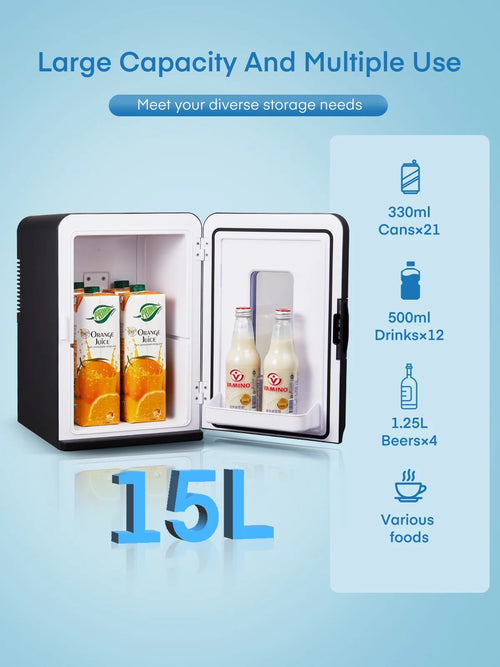 15L Mini Fridge, 21 Can Bedroom Refrigerator, Portable Cooler &Warmer, Beverage & Skincare, 110V/12V, Black