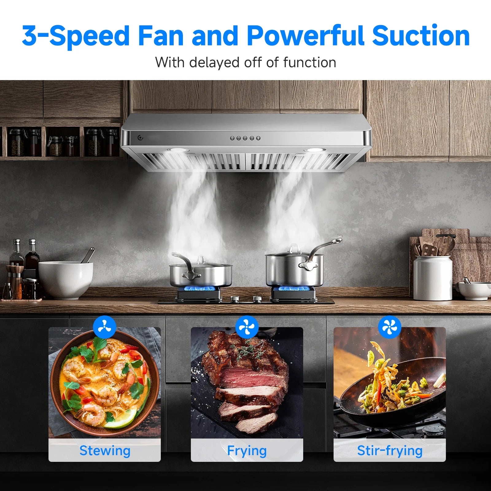 AMZCHEF Under Cabinet Range Hood 30 Inch 250CFM Stainless Steel Kitchen Stove Vent Hood 3 Speed Exhaust Fan Button Control LED lights Dishwasher