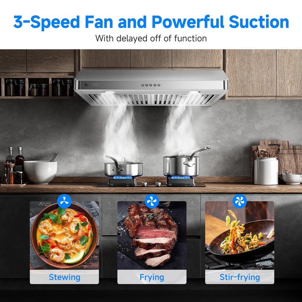 AMZCHEF Under Cabinet Range Hood 30 Inch, 750CFM Wall Mount Range Hood with 3 Speed Kitchen Exhaust Fan, Button Control, AC Motor