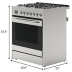 30�� Inch Professional Gas Range Stove with 5 Burner Cooktop, Rapid Convection Oven, and Digital Timer with Heavy-Duty Cast Iron Grates, Stainless-Steel Appliance, Silver