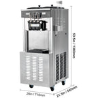 KFFKFF Soft Serve Ice Cream Machine for Commercial Use, 34-44 L/H Production, 3400W, Triple Flavor, Freestanding Design, Dual 9L Stainless Hoppers, LED Control for Single Cylinder