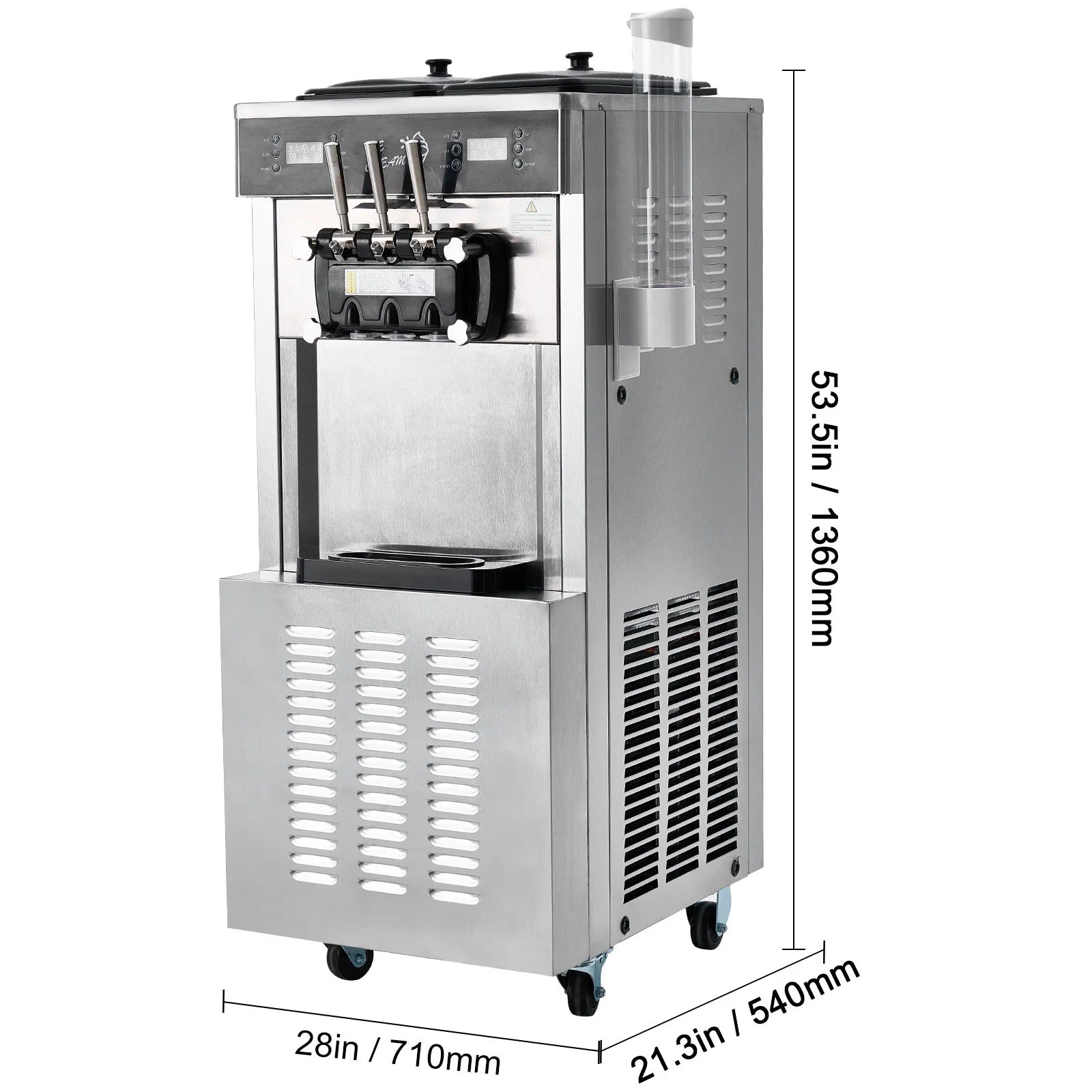 KFFKFF Soft Serve Ice Cream Machine for Commercial Use, 34-44 L/H Production, 3400W, Triple Flavor, Freestanding Design, Dual 9L Stainless Hoppers, LED Control for Single Cylinder