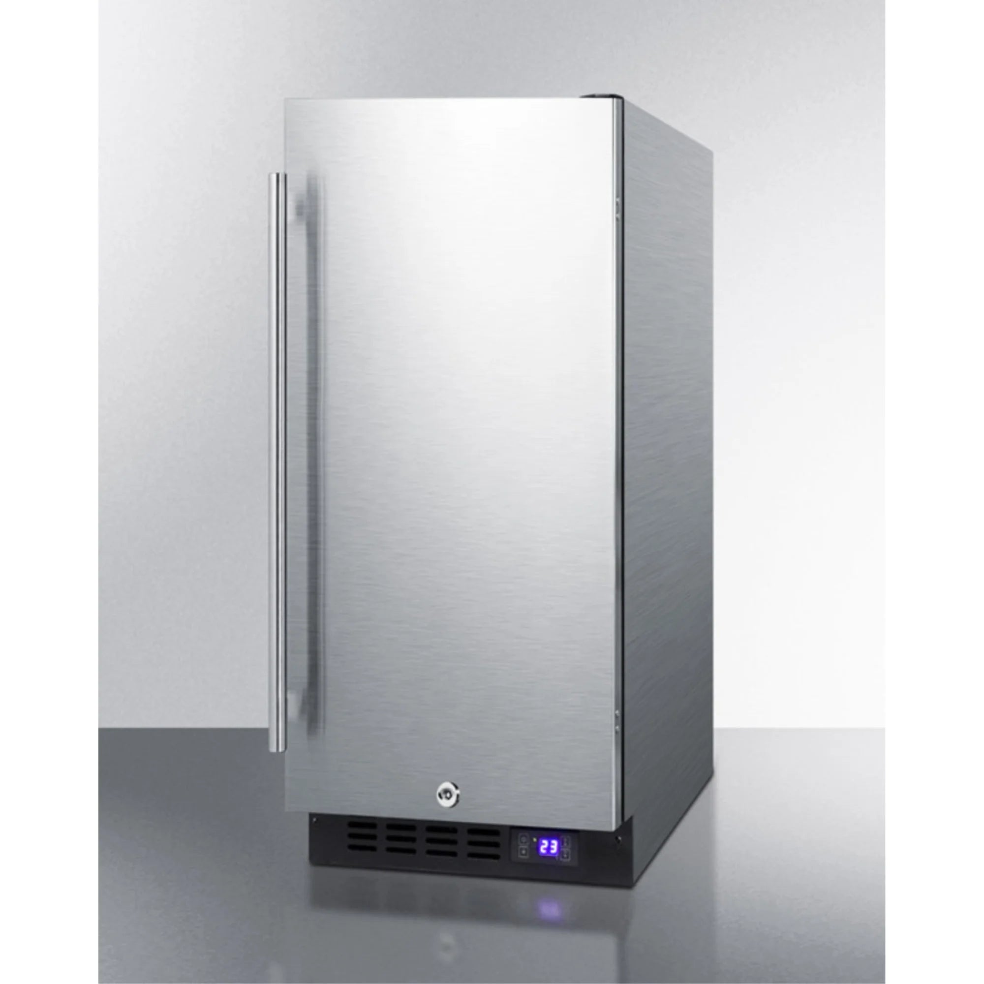 15" wide frost-free freezer for built-in or freestanding use, with stainless steel wrapped exterior, lock, and digital thermostat