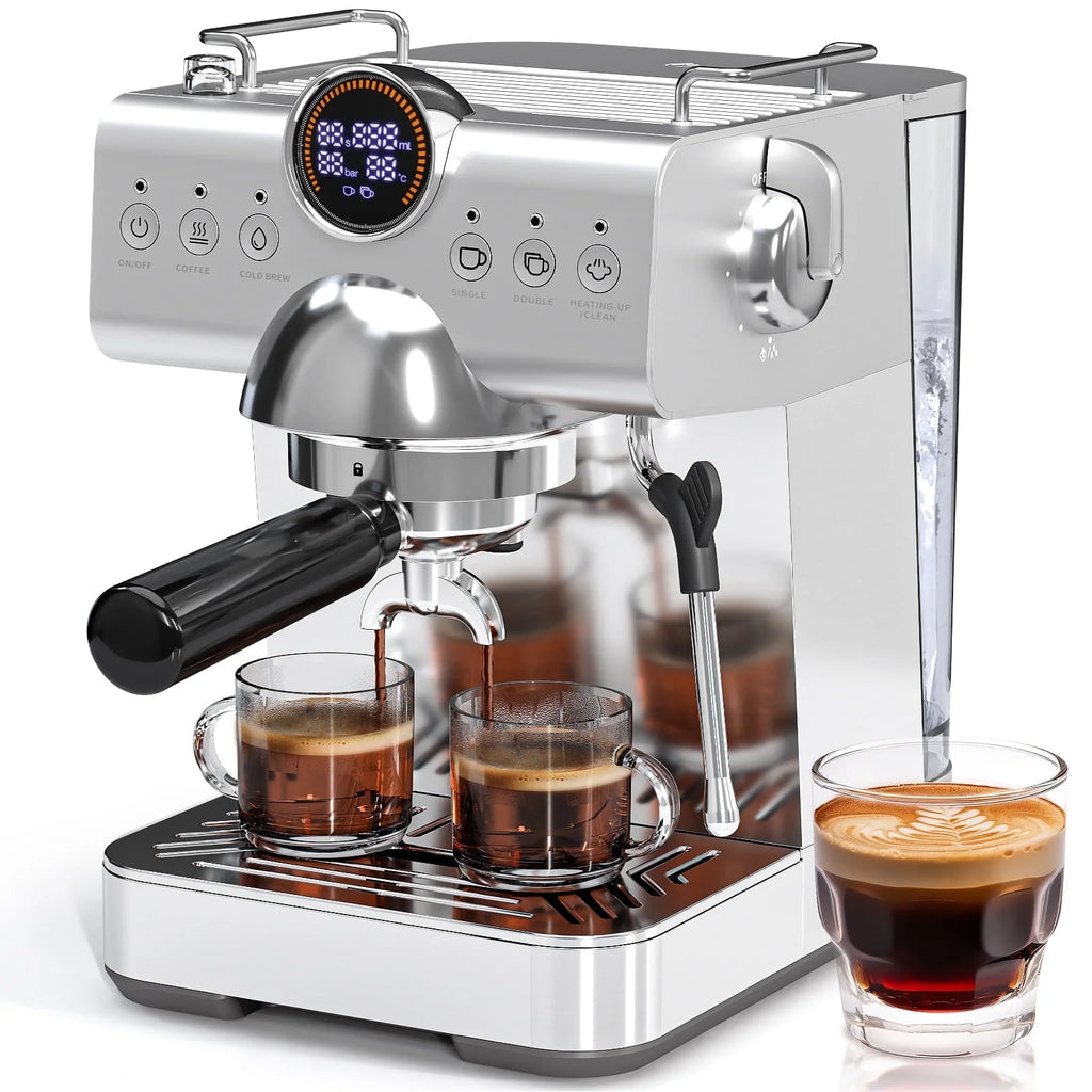 Auseo Espresso Machines with Cold Brew & Milk Frother, 20-Bar Pressure Espresso Coffee Maker, Smart LED Display & Compact Stainless Steel Design for Lattes/Cappuccinos