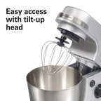 Hamilton Beach 4 Quart Stand Mixer for Kitchen, 7 Speeds, Tilt-Head, Dough Hook, Whisk & Flat Beater, White
