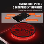 KFFKFF 5 Burner Electric Ceramic Cooktop, Built-in Countertop Burners, 36" Electric Range, 8600W, with Touch Control, Timer, Safety Lock, 9 Power Levels, 220-240V, Direct Wiring Required
