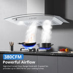 STRELECT 30 Inch Curved Glass Range Hood, 400 CFM Ductless/Ducted Convertible Stove Vent Hood with Chimney, 3 Speed Fan, LED Light, Button Control Vent Hood for Stove Kitchen