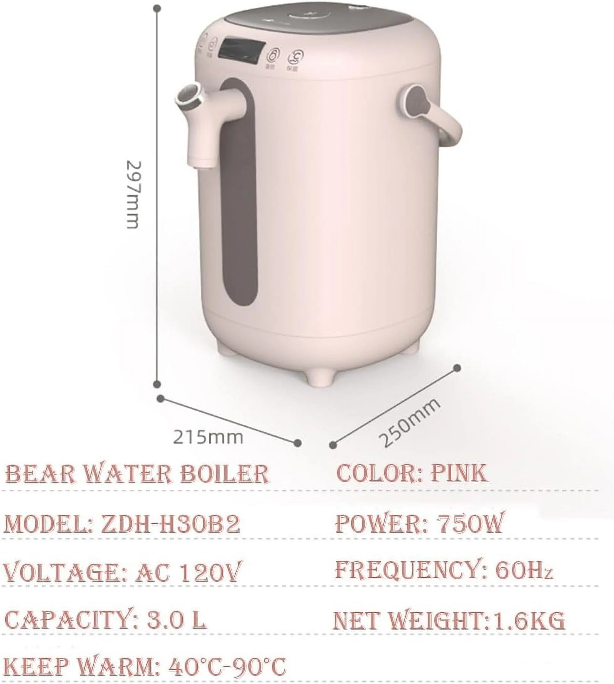 Bear Water Boiler, Electric Hot Water Pot, Safety Lock, Instant Heating for Coffee & Tea, Auto-Shutoff & Boil Dry Protection, 3.0L, Pink