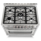 Cosmo 4 Piece Kitchen Appliance Packages with 36" Freestanding 220/240V Dual Fuel Range 36" Island Range Hood 24" Built-in Integrated Dishwasher & French Door Refrigerator Kitchen Appliance Bundles