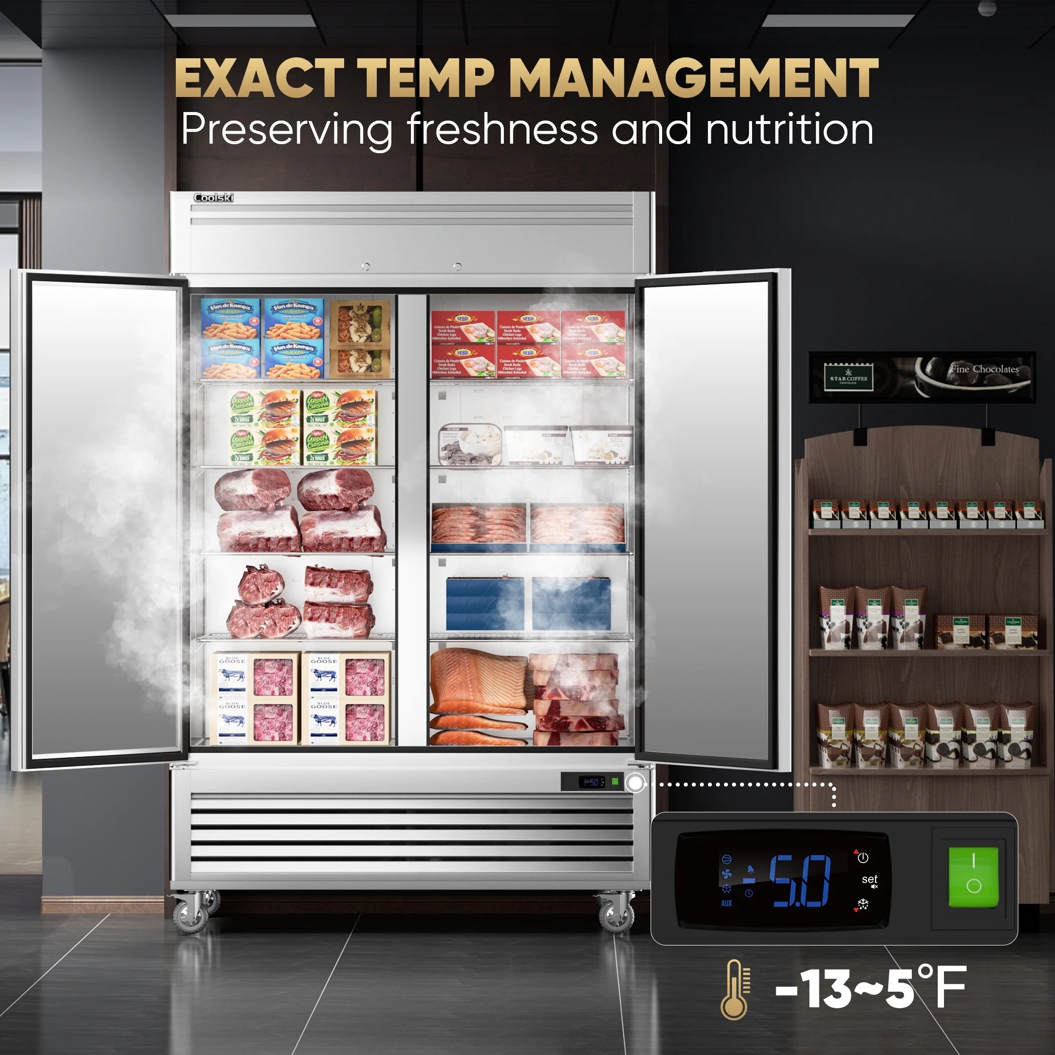 Coolski 54"W 2 Door Commercial Freezer, 49 Cu.ft Stainless Steel Reach-in Freezer