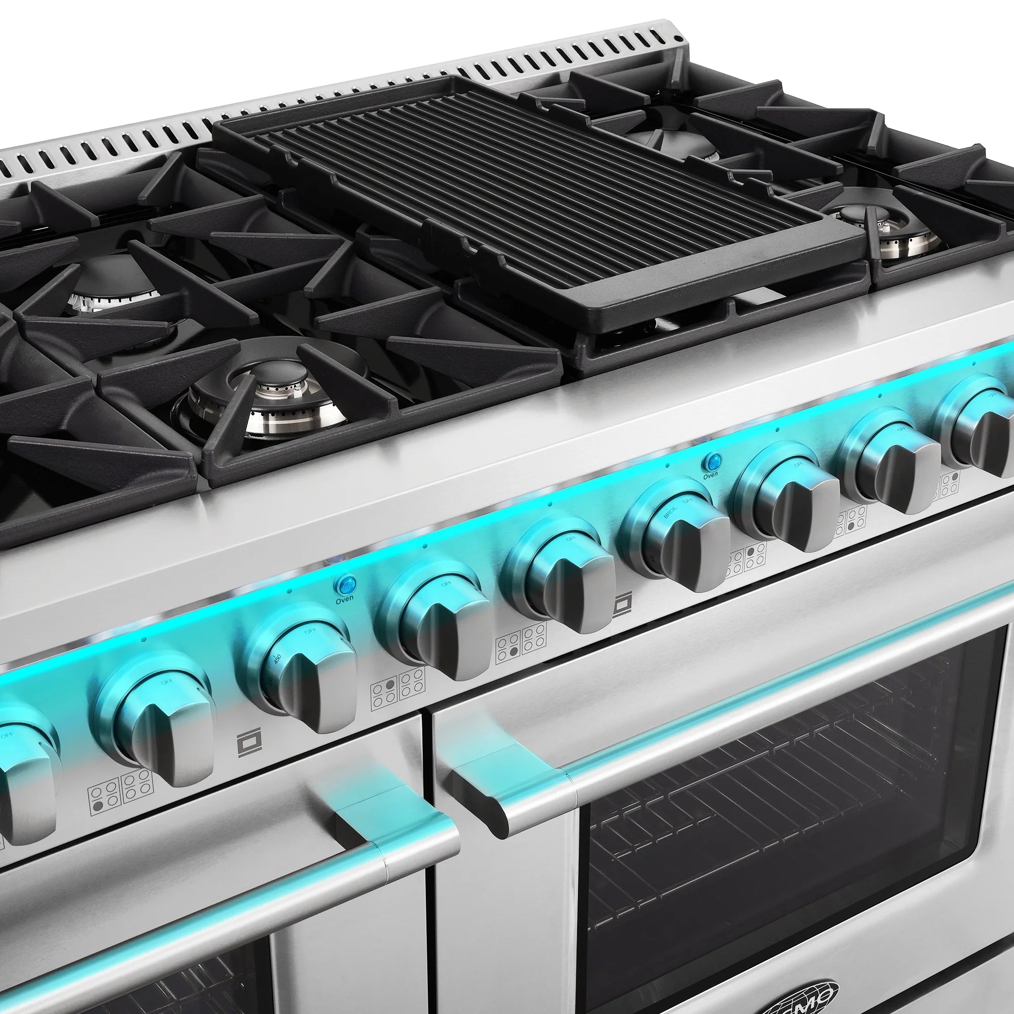 Cosmo 48 in. Lumin Collection 5.5 cu. ft. Double Oven Dual Fuel Range with 8 Burners, Cast Iron Grates in Stainless Steel