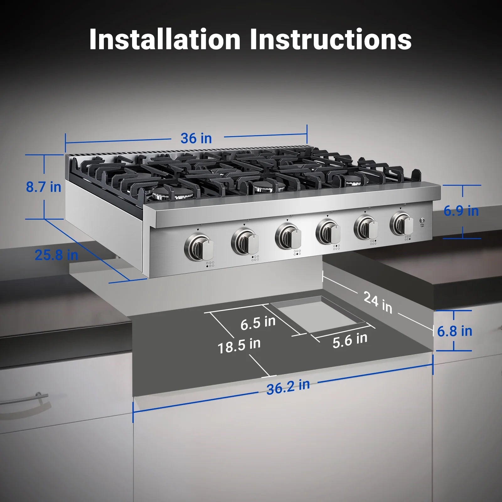 Sunmaki Gas Cooktop 36 inch Built-in Gas Stove with 6 Sealed Burner for Cooking, Gas Grilling, Propane Cooktop NG/LPG Switch