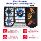 30 Inch Bulit-In Gas Cooktop with Griddle, 5 Italy SABAF Powerful Burners Over 92% High Efficiency, Max 48300BTU Gas Stove Top, 304 Stainless Steel Panel, NG/LPG Convertible, CSA Certified