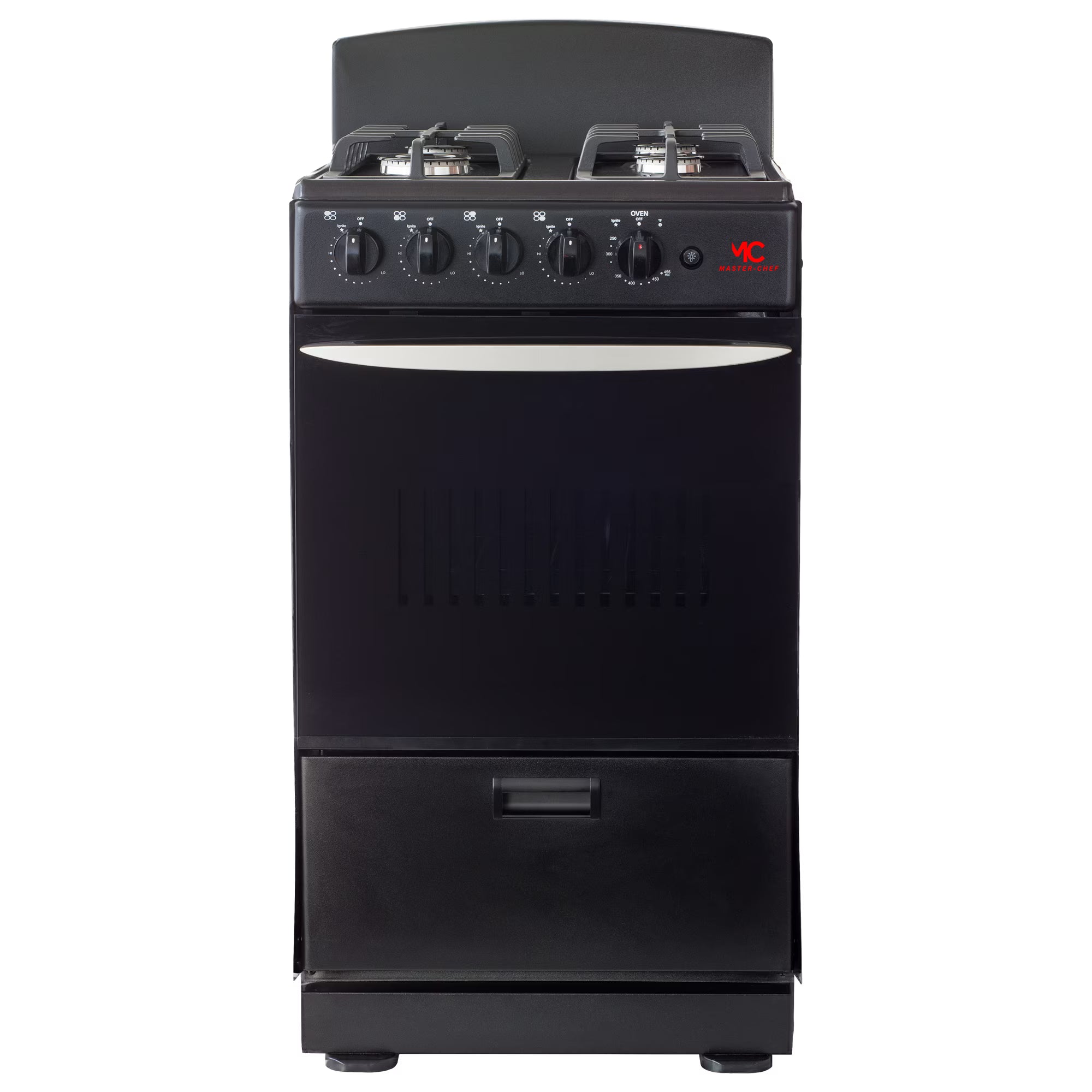 Master-Chef - 20" Black R Gas Space Saver Range with 2.4 CFT Oven Capacity - Italian SABAF Sealed Burners, 1 Ultra-Fast and 3 Fast �C Easy to Clean, Iron Grates, and Cool Knobs CSA Certified
