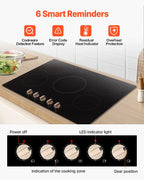 KFFKFF 5 Burner Electric Cooktop, 9200W 36" Ceramic Glass Stove Top Burner, Built In or Countertop, with Control Knobs, 12 Heat Levels, Glass Top, Automatic Power-Off for Indoor Outdoor Cooking