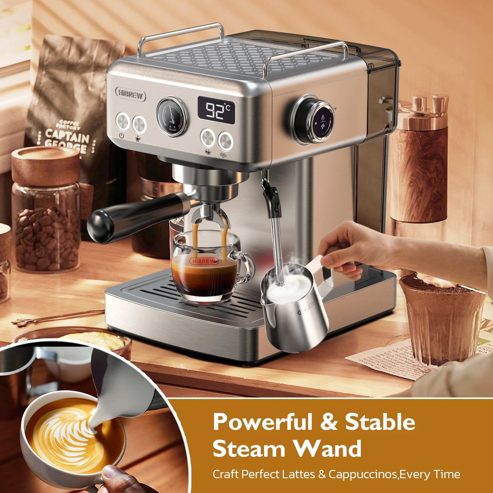 HiBREW 58mm Espresso Machine H10A, 20 Bar Coffee Maker with Milk Frother Steam Wand, Stainless Steel Coffee Machine for Home Use