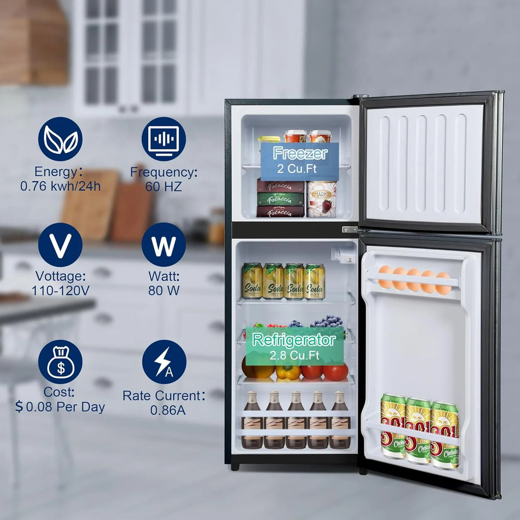Kcpolre 4.8 Cu.ft Refrigerator with Freezer, 2-Door RV Fridge with Adjustable Thermostat, Compact Refrigerator with Freezer for Home, Kichen, Apartment, Office, Silver