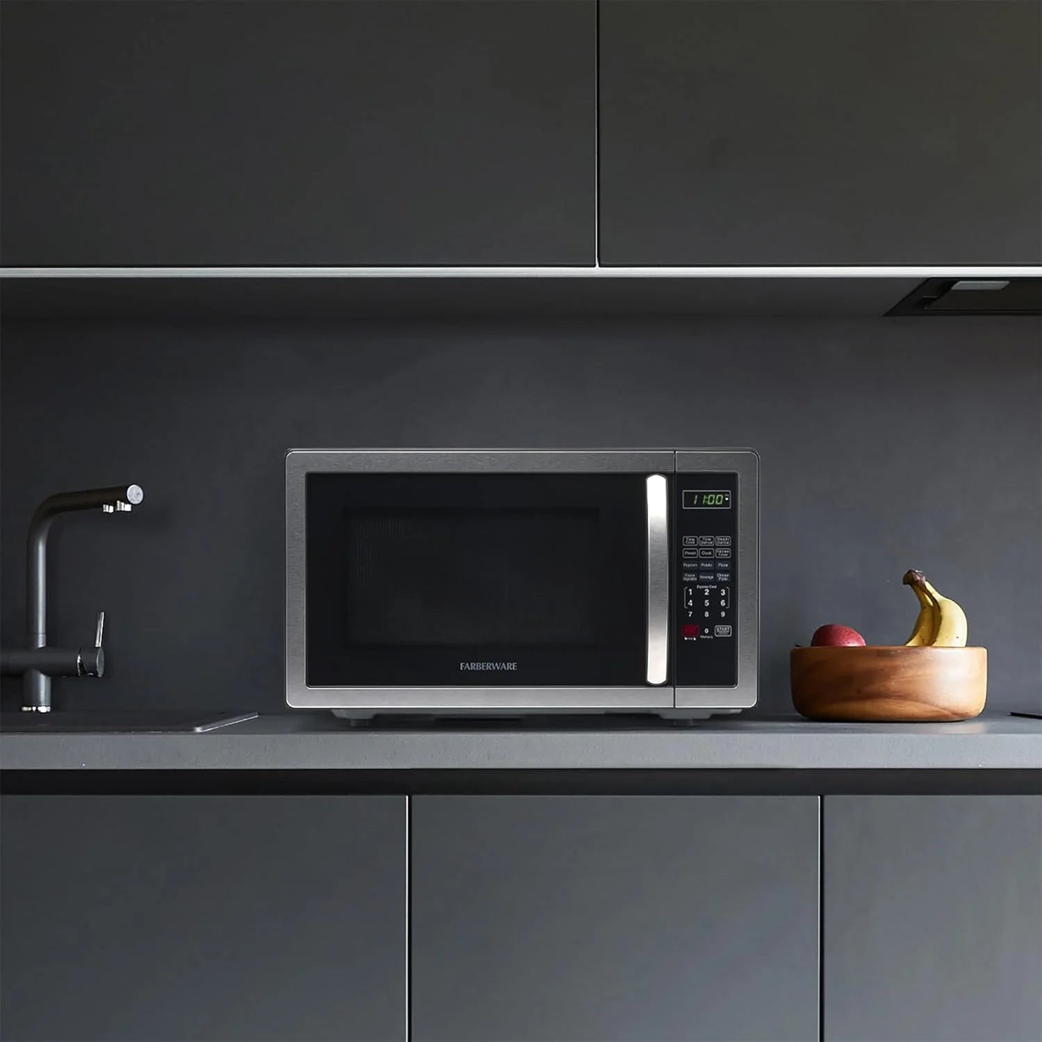 Farberware Stainless Steel Countertop Microwave Oven with Child Lock, 1.1 Cu Ft Black Stainless