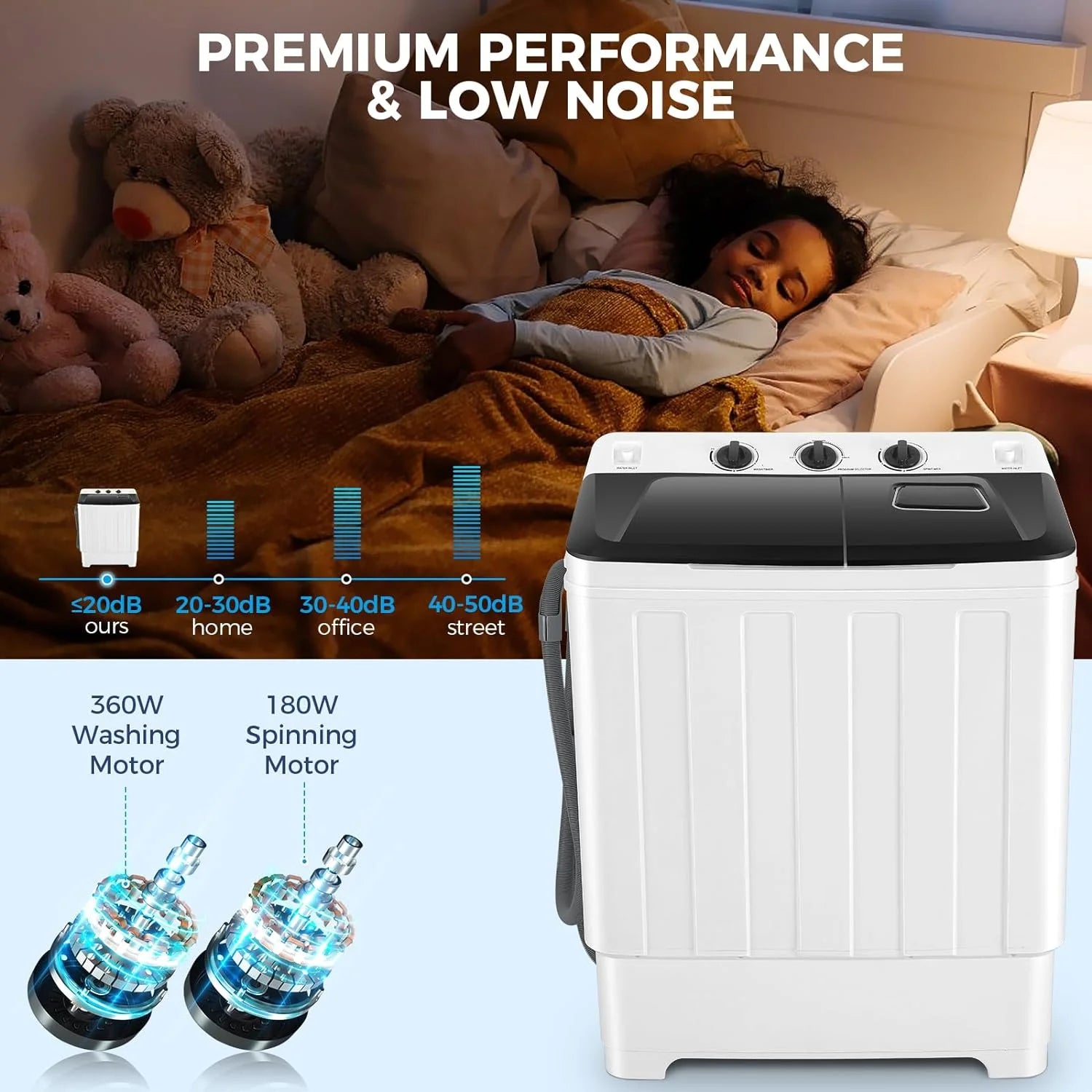 Qhomic Portable Washer 30lbs, 2-in-1 Twin Tub Washer & Dryer Combo Compact Semi-Automatic Washing Machine with Drain Pump, Black