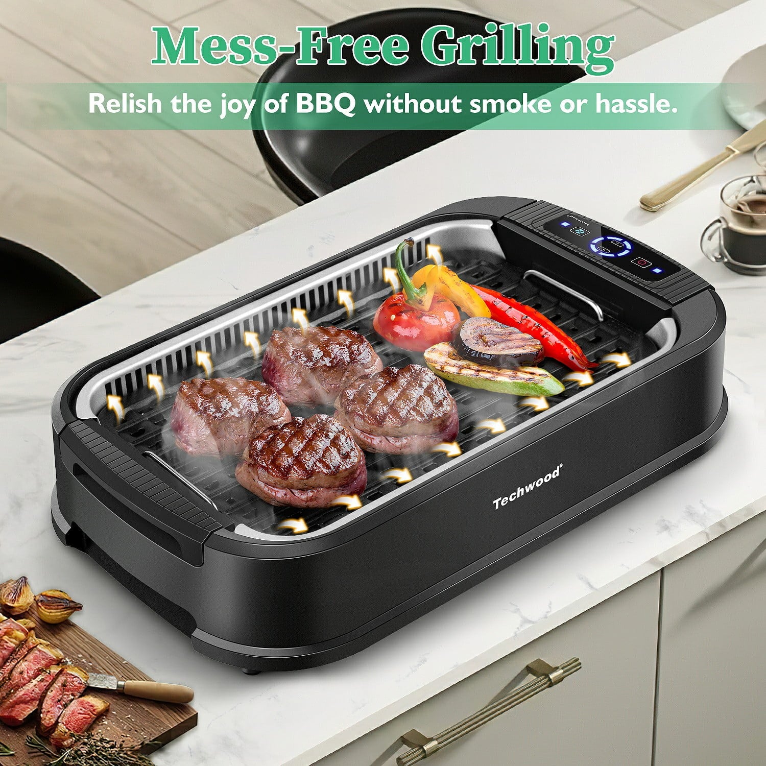 Techwood Indoor Smokeless Grill, 1500W, Black, Electric Portable Korean BBQ Grill with Tempered Glass Lid