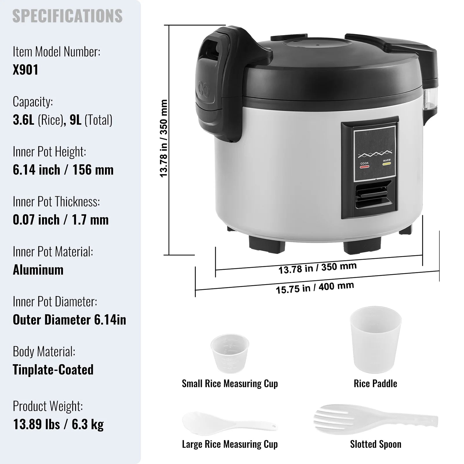 KFFKFF Industrial Rice Steamer, 45-Cup Capacity, 9.51 Qt / 9 Liter Voluminous Rice Maker and Heater with Nonstick Cooking Chamber, Swift Preparation and 12-Hour Heat Retention