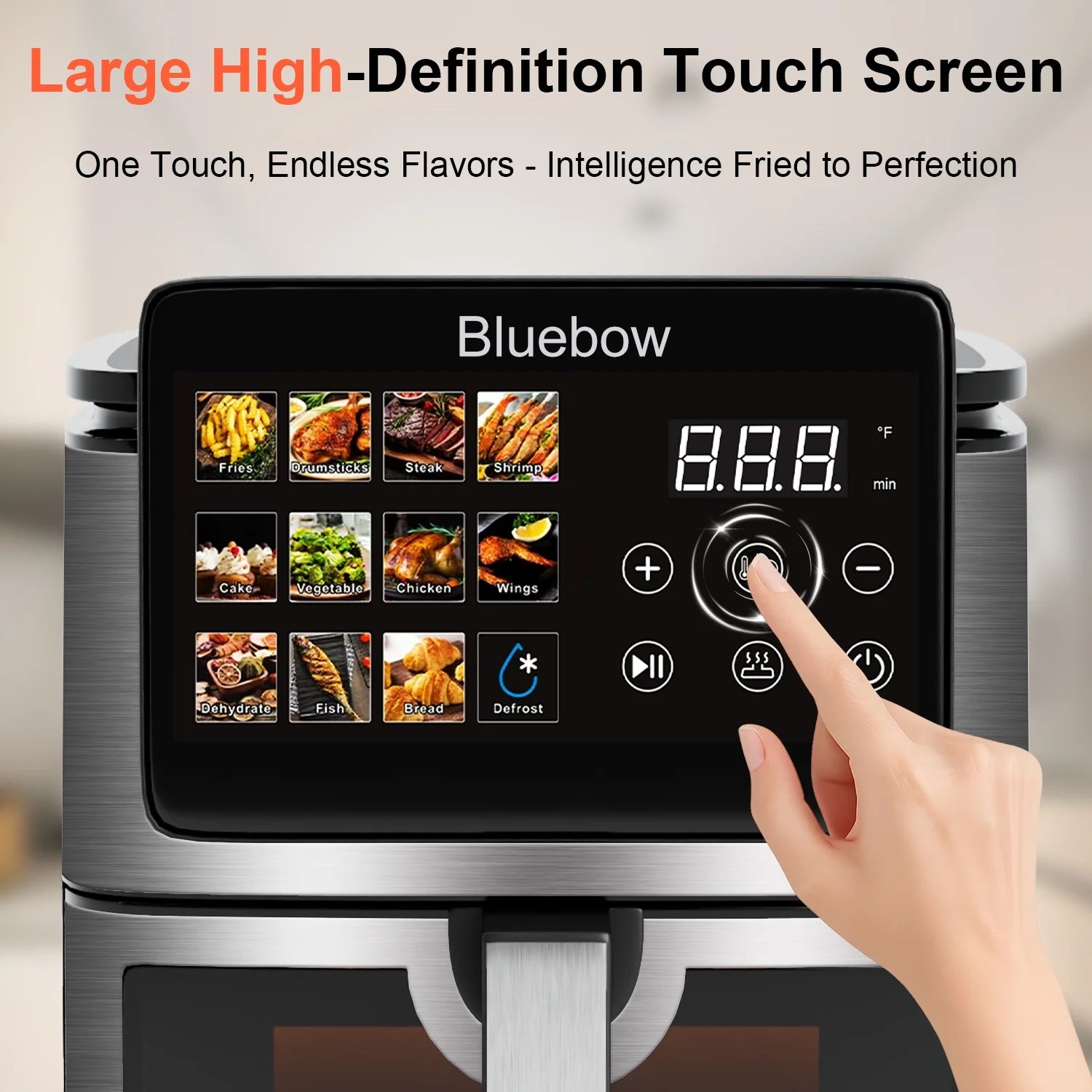 Bluebow 9QT Air Fryer with Large Touch Screen, 12-In-1 Multi-Functional, Visible Window, Oil-Free Cooking, Black