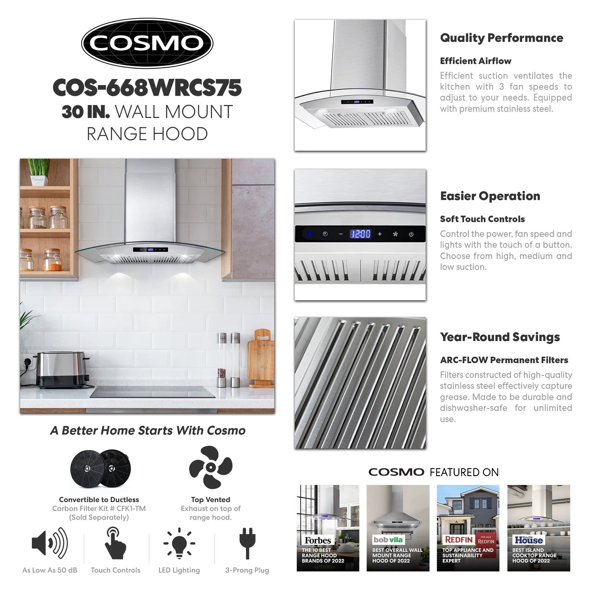 30 in. Vista Collection Ductless Wall Mount Range Hood, Button Controls, LED Lights, Stainless Steel
