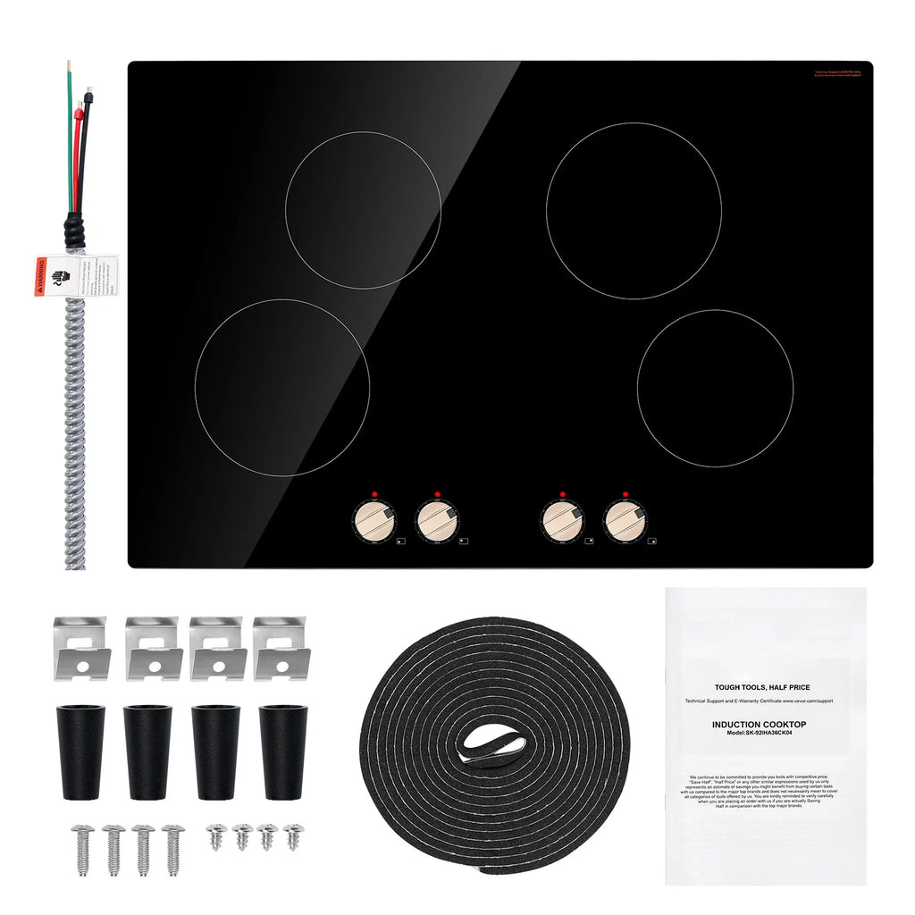KFFKFF Induction Stove, 6600W 5 Burner Built-in Electric Cooktops, with Knob Control, 12 Heat Settings, Glass Top, Automatic Power Off