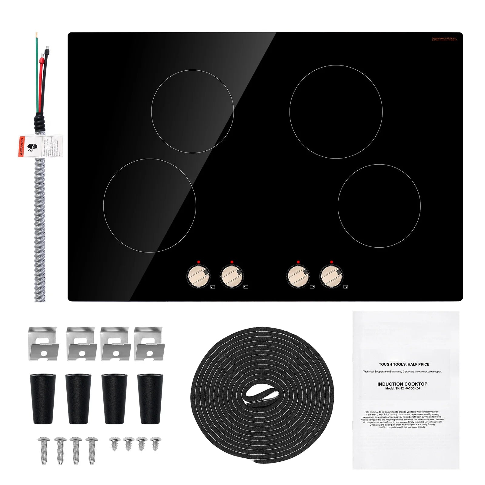 KFFKFF Induction Stove, 6600W 5 Burner Built-in Electric Cooktops, with Knob Control, 12 Heat Settings, Glass Top, Automatic Power Off
