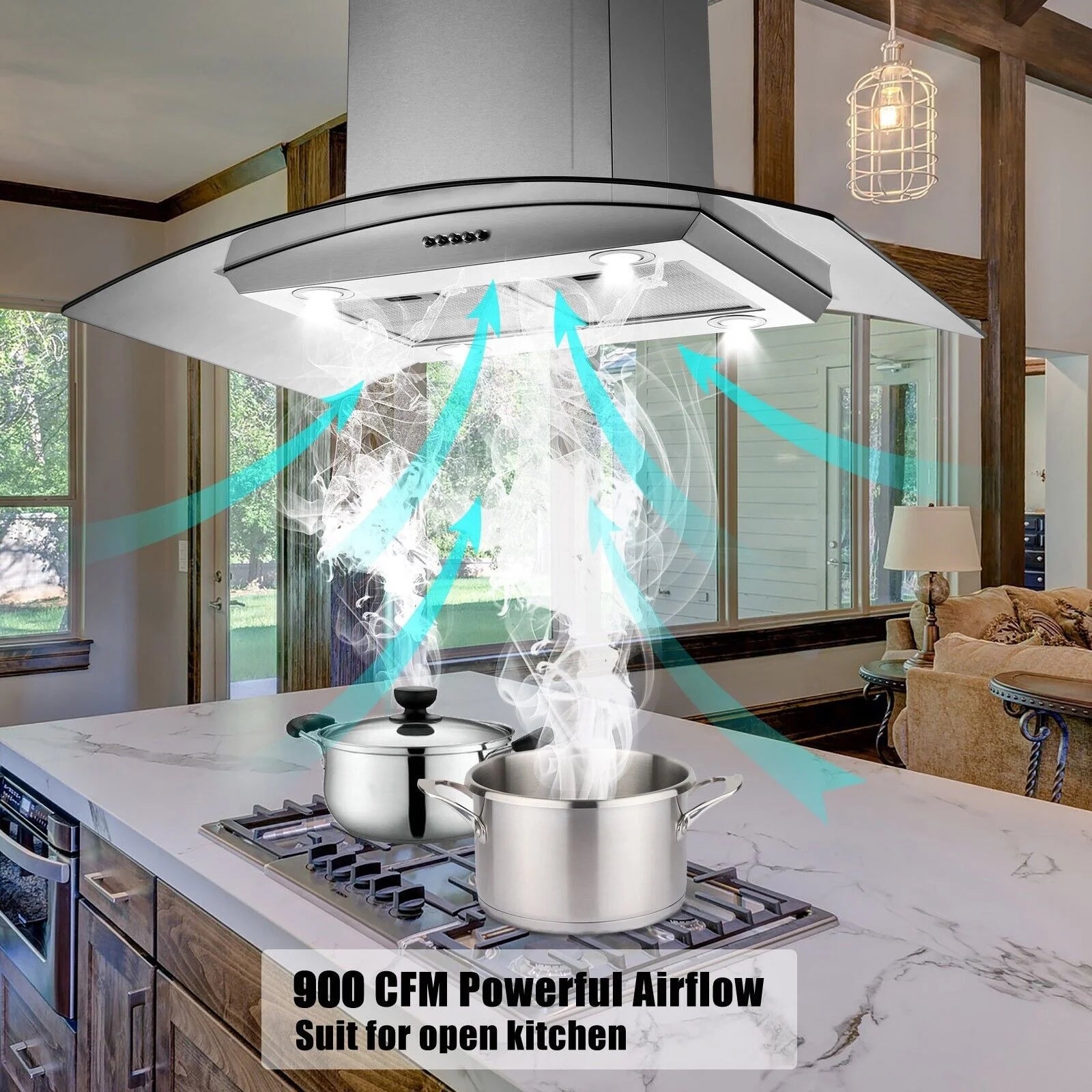 "Joeaonz 30"" Island Mount Range Hood, Stainless Steel, LED Bulbs, Easy-Clean Filters, 120V"