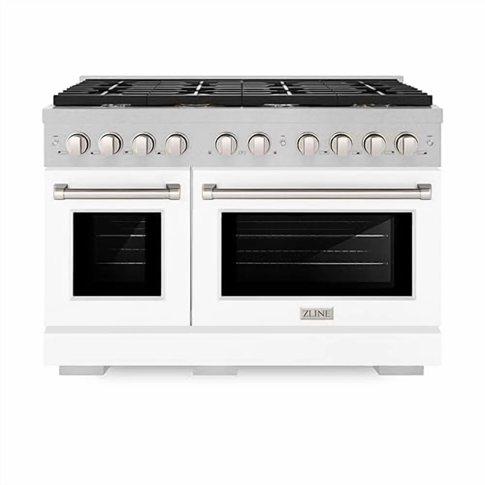 ZLINE 48 in. 6.7 cu. ft. Paramount Double Oven Gas Range with 8 Burner Cooktop in DuraSnow Stainless Steel with White Matte Doors (SGRS-WM-48)