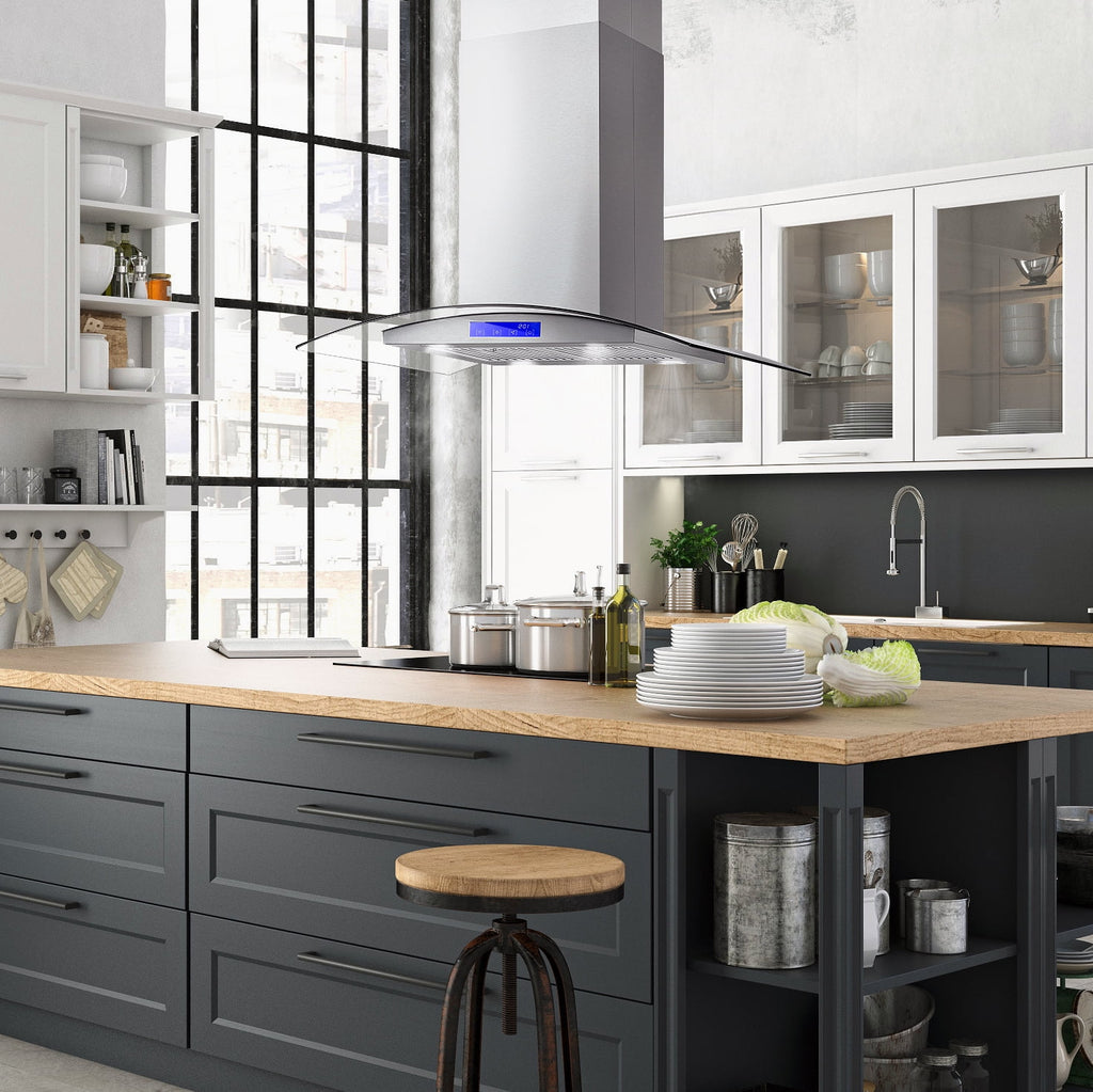 Cosmo 4 Piece Kitchen Appliance Packages with 36" Freestanding 220/240V Dual Fuel Range 36" Island Range Hood 24" Built-in Integrated Dishwasher & French Door Refrigerator Kitchen Appliance Bundles