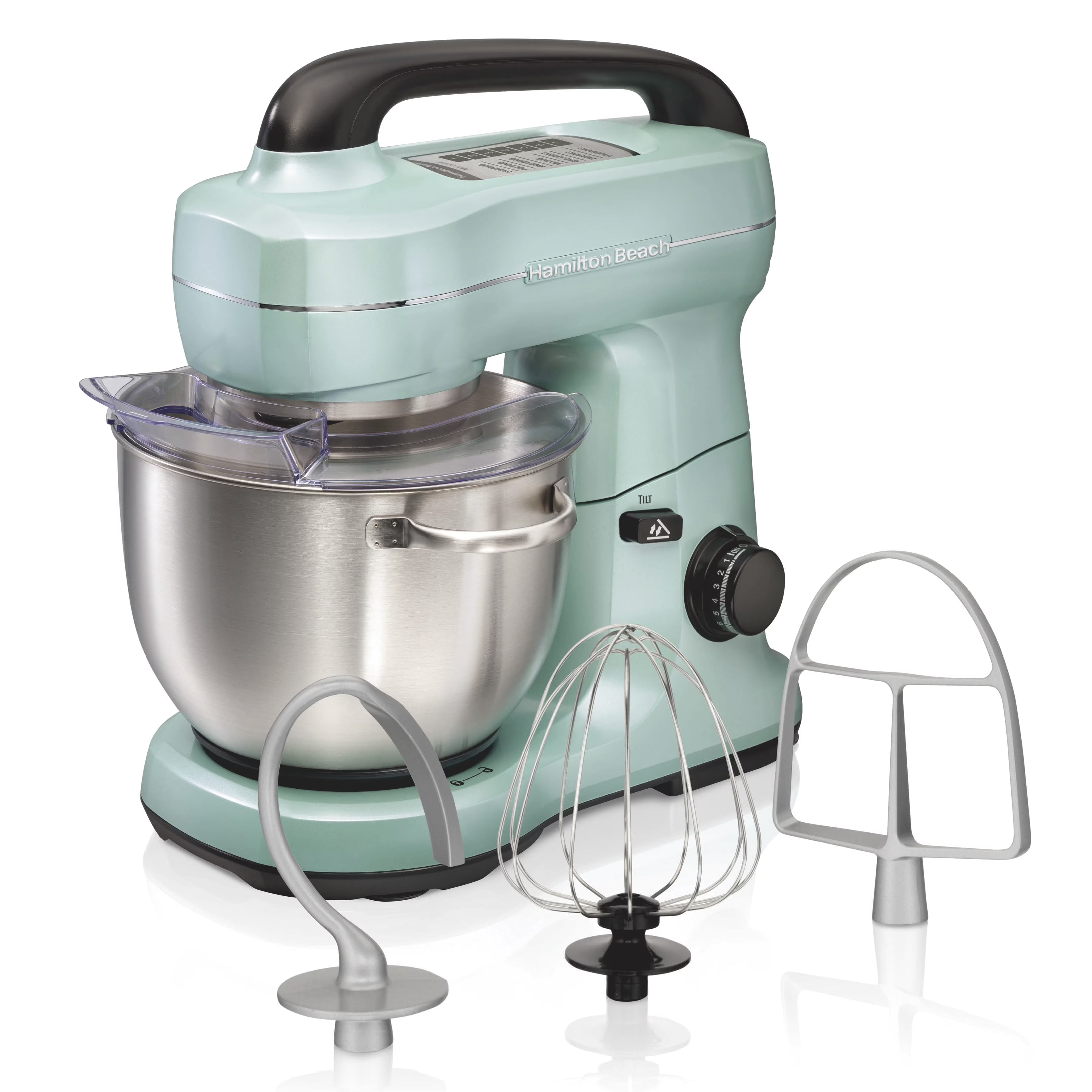 Hamilton Beach 4 Quart Stand Mixer for Kitchen, 7 Speeds, Tilt-Head, Dough Hook, Whisk & Flat Beater, Black