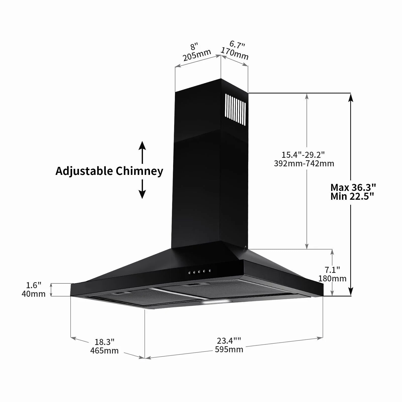 24 inch Wall Mounted Range Hood Kitchen Exhaust Stove Vent Hood 450 CFM 3-Speed Fan