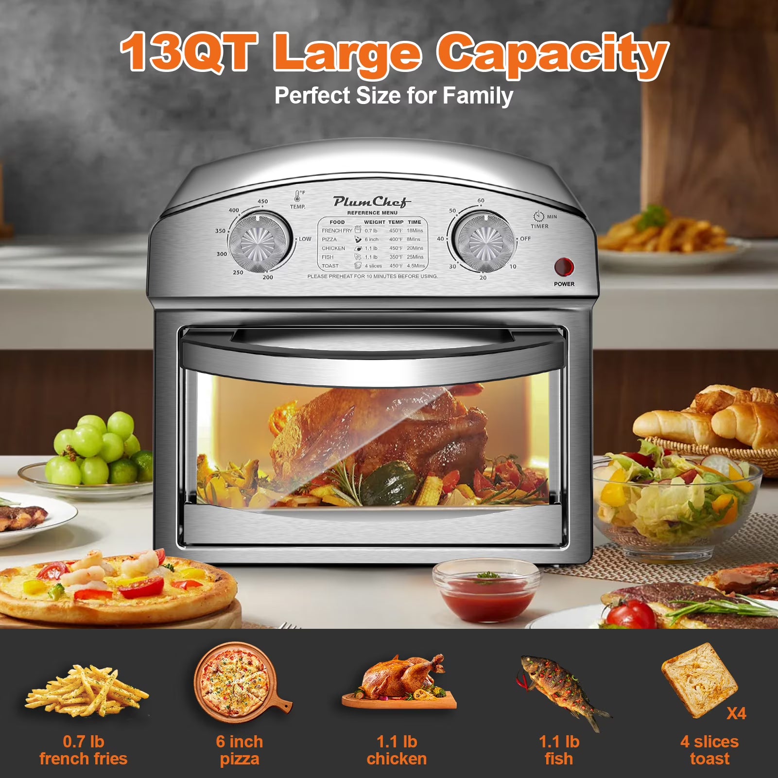 PlumChef 13 Quart 4 Slices Air Fryer Convection Toaster Oven, 1500W, 7 in 1 Multifunction with Roast, Bake, Grill, Broil, Toast, Dehydrate, Defrost, Stainless Steel